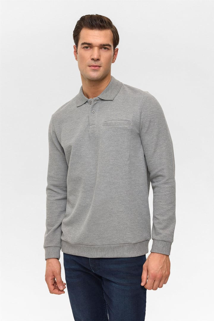 Gri Regular Armürlü Polo Yaka Sweatshirt
