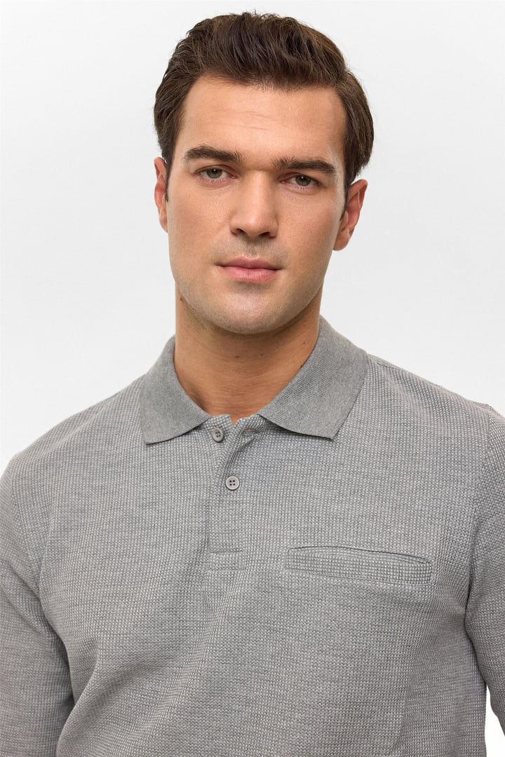 Gri Regular Armürlü Polo Yaka Sweatshirt