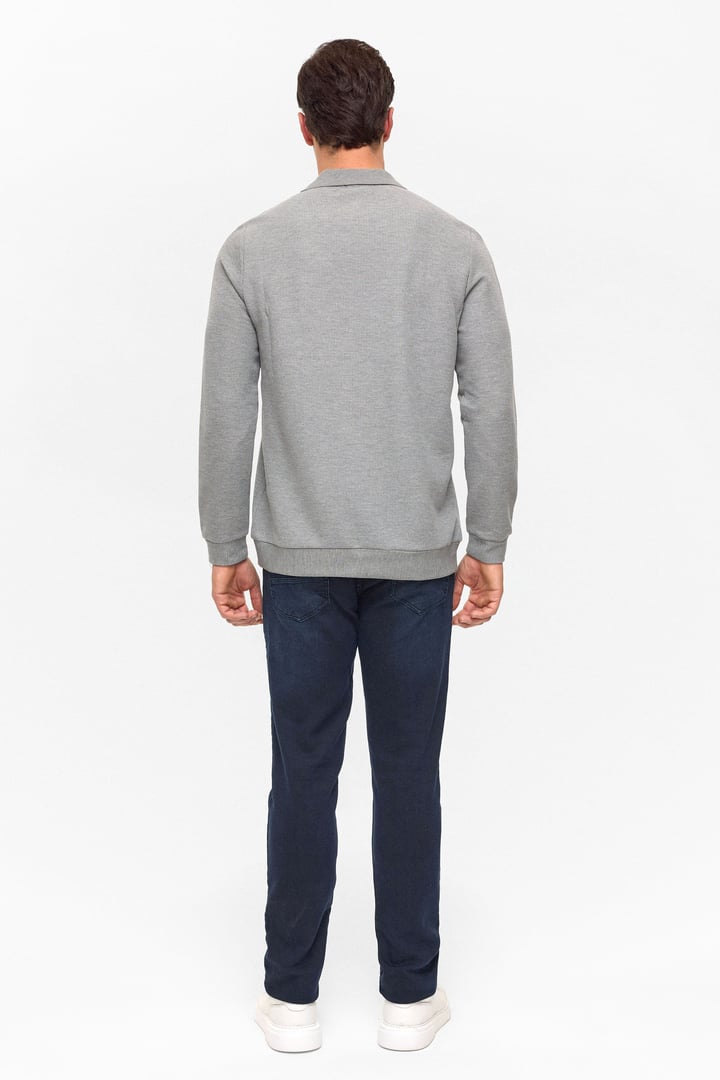 Gri Regular Armürlü Polo Yaka Sweatshirt
