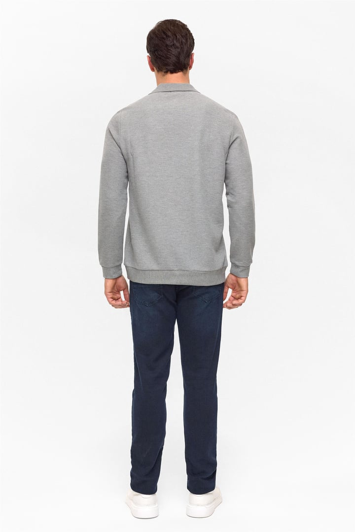 Gri Regular Armürlü Polo Yaka Sweatshirt