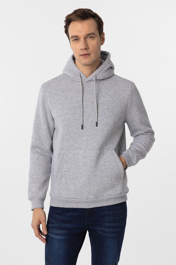 Gri Regular Düz Kapüşonlu Yaka Sweatshirt