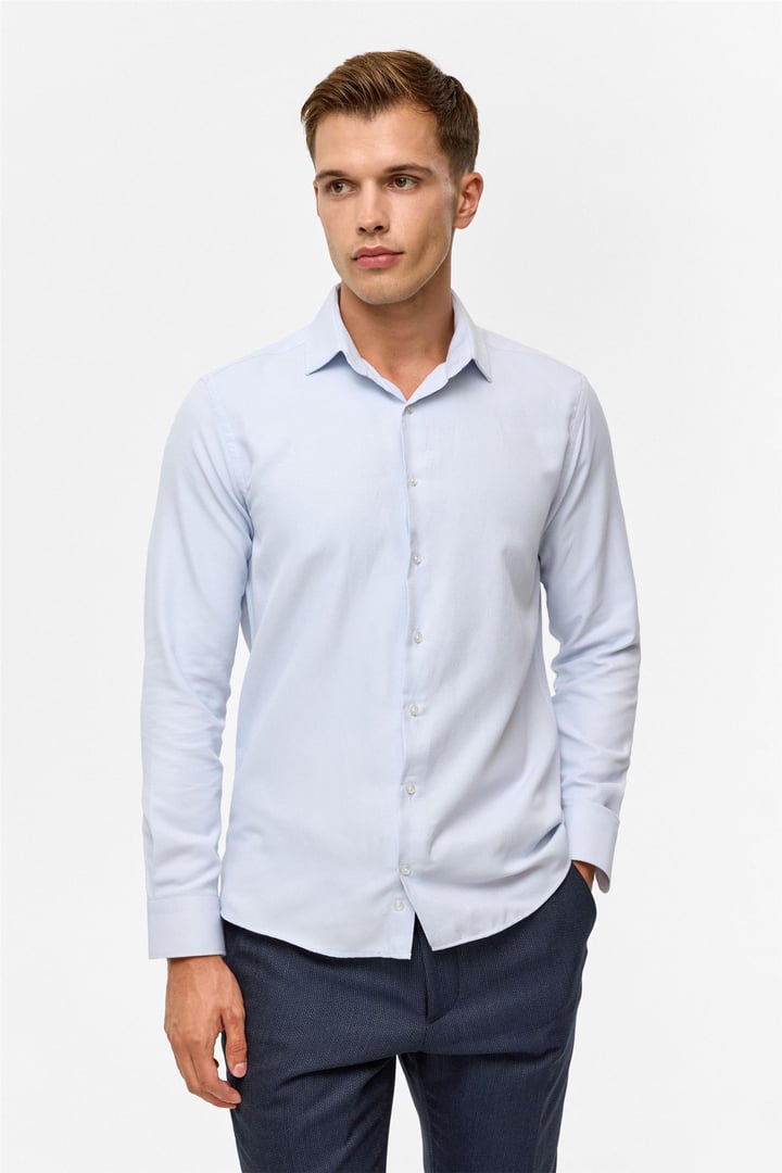 Mavi Slim Baskılı Klasik Yaka Gömlek