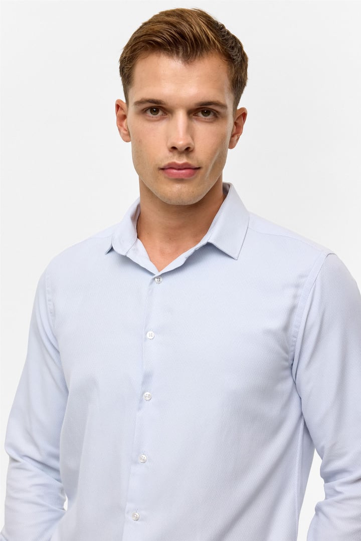 Mavi Slim Baskılı Klasik Yaka Gömlek