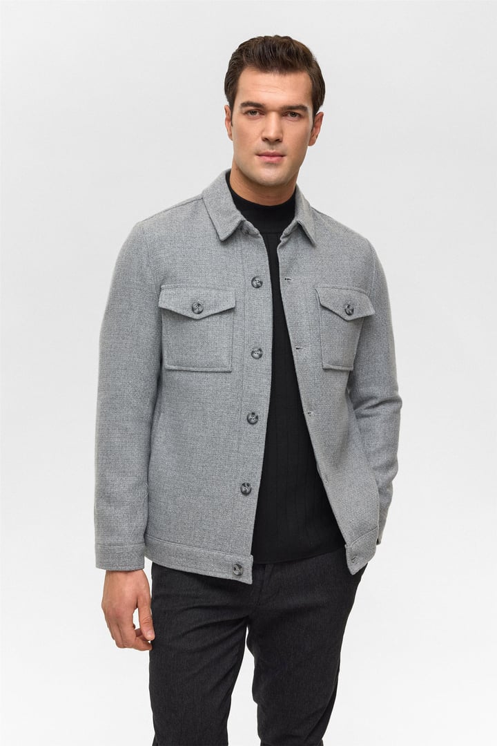 Gri Slim Desenli Klasik Yaka Mont