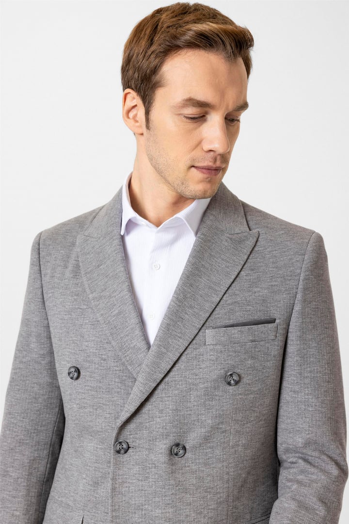 Gri Slim Fit Desenli Kruvaze Yaka 6 Drop Spor Takım Elbise