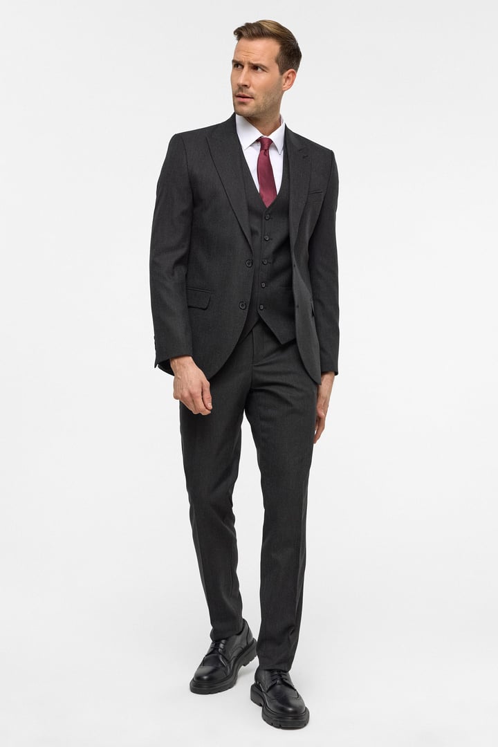 Gri Slim Desenli Sivri Yaka 6 Drop Yelekli Takım Elbise