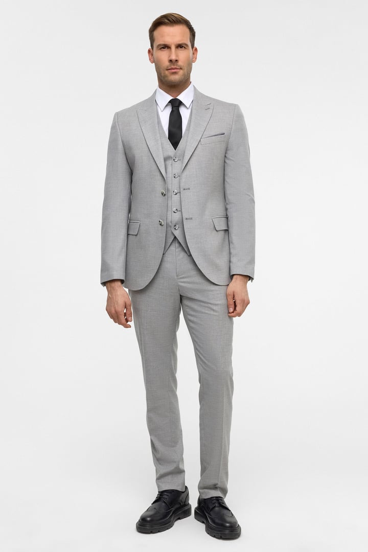 Gri Slim Desenli Sivri Yaka 6 Drop Yelekli Takım Elbise