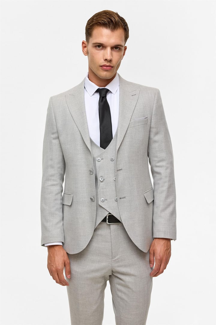 Gri Slim Desenli Sivri Yaka 6 Drop Yelekli Takım Elbise