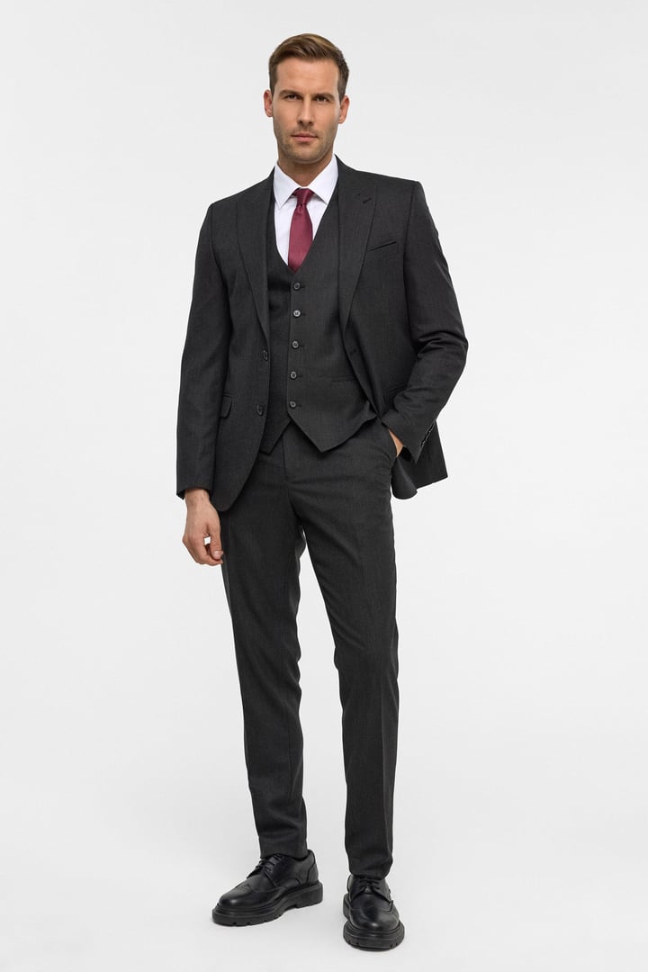 Gri Slim Desenli Sivri Yaka 6 Drop Yelekli Takım Elbise