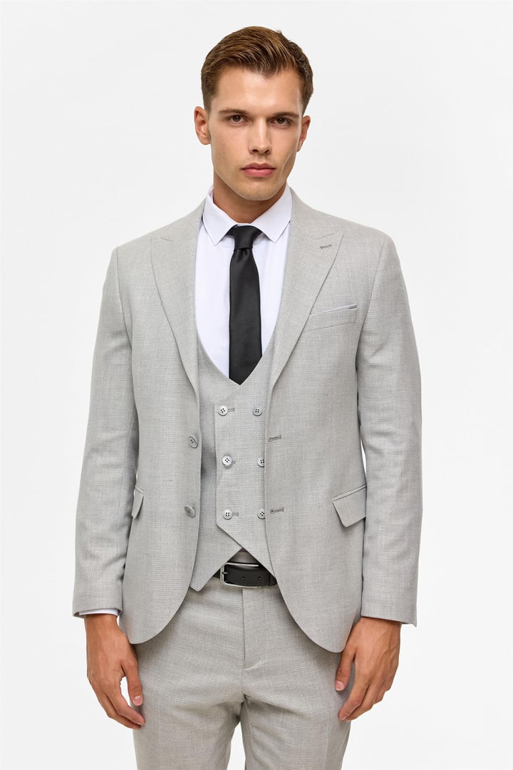 Gri Slim Desenli Sivri Yaka 6 Drop Yelekli Takım Elbise