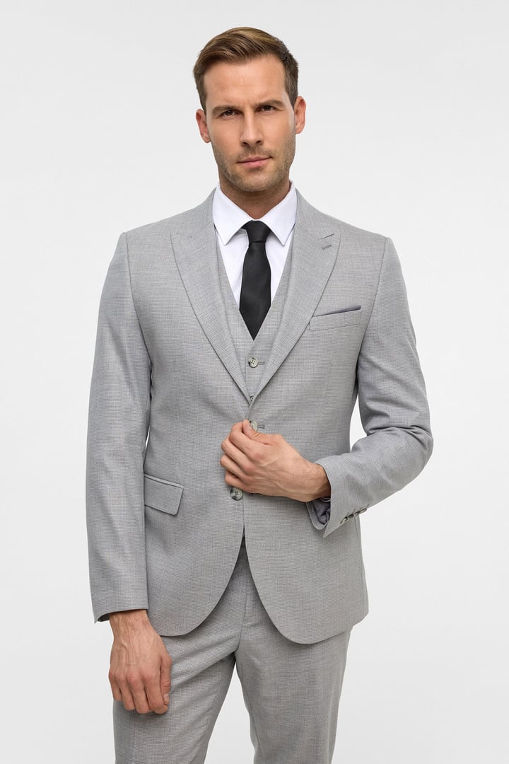 Gri Slim Desenli Sivri Yaka 6 Drop Yelekli Takım Elbise