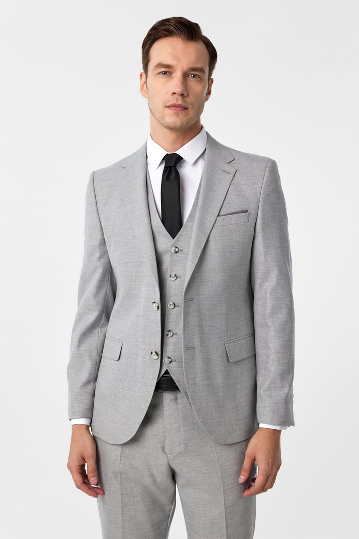 Gri Slim Fit Desenli Mono Yaka 6 Drop Yelekli Klasik Takım Elbise