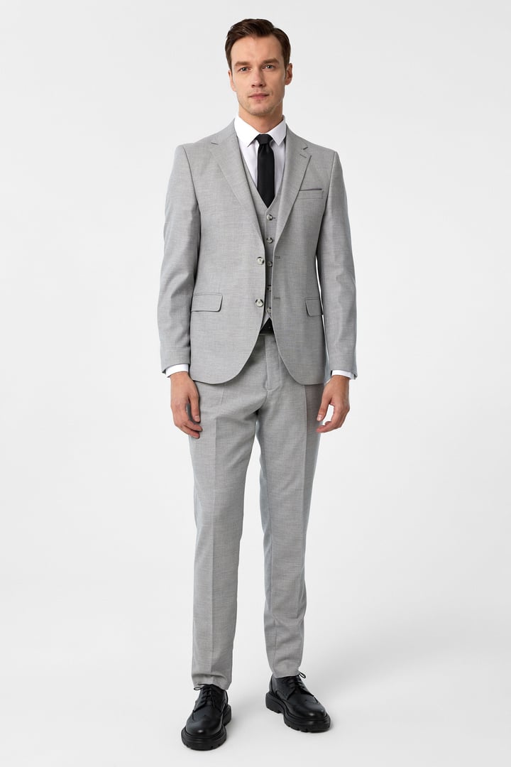 Gri Slim Fit Desenli Mono Yaka 6 Drop Yelekli Klasik Takım Elbise
