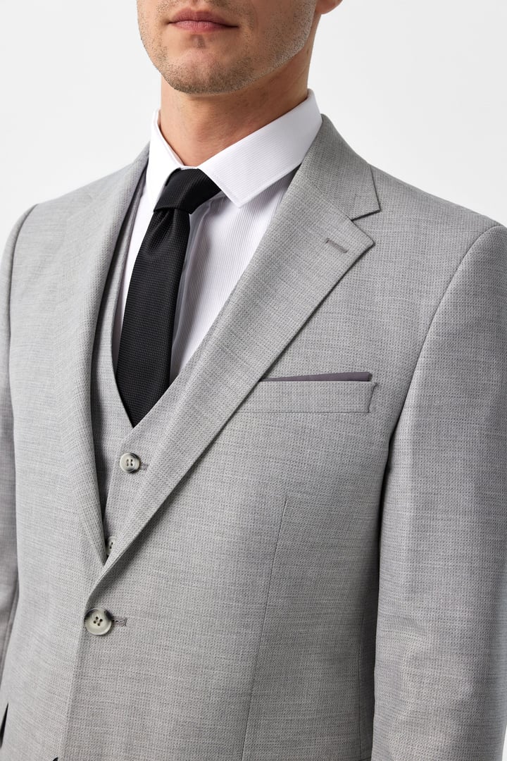 Gri Slim Fit Desenli Mono Yaka 6 Drop Yelekli Klasik Takım Elbise