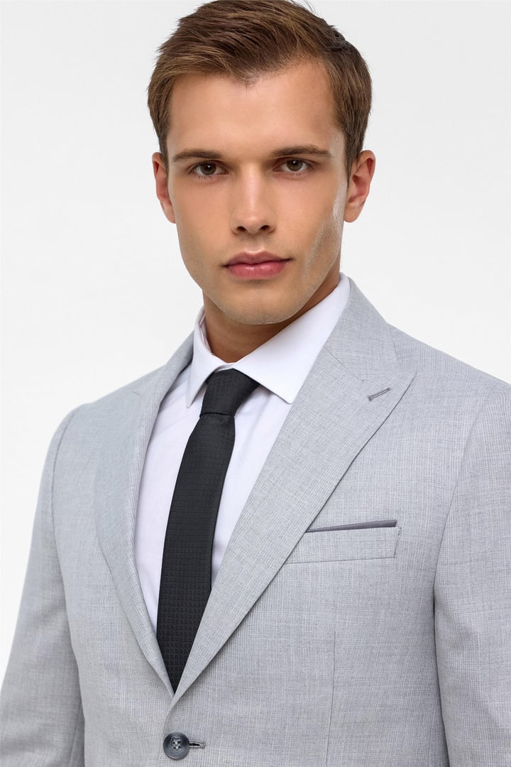 Gri Slim Fit Desenli Sivri Yaka 6 Drop Klasik Takım Elbise