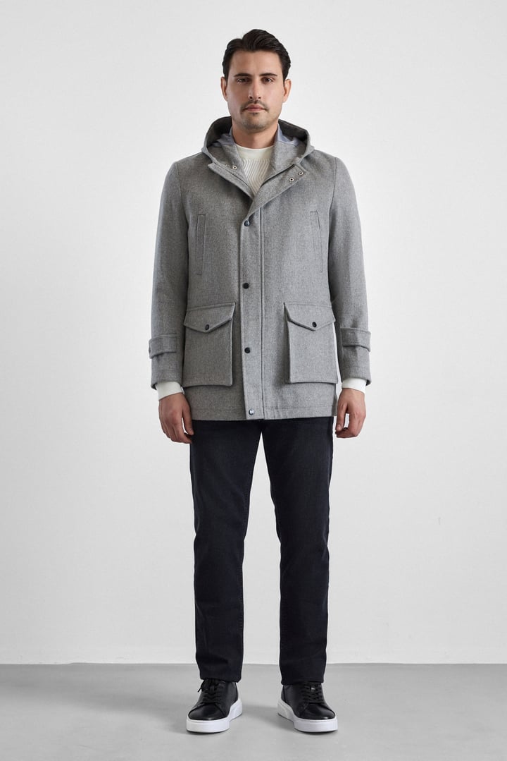 Gri Slim Kapüşonlu Düz Yan Cepli Fermuarlı Dolgusuz Standart Kaban