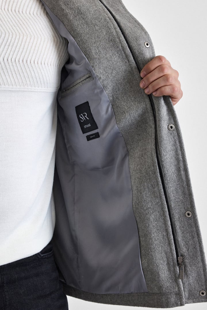 Gri Slim Kapüşonlu Düz Yan Cepli Fermuarlı Dolgusuz Standart Kaban