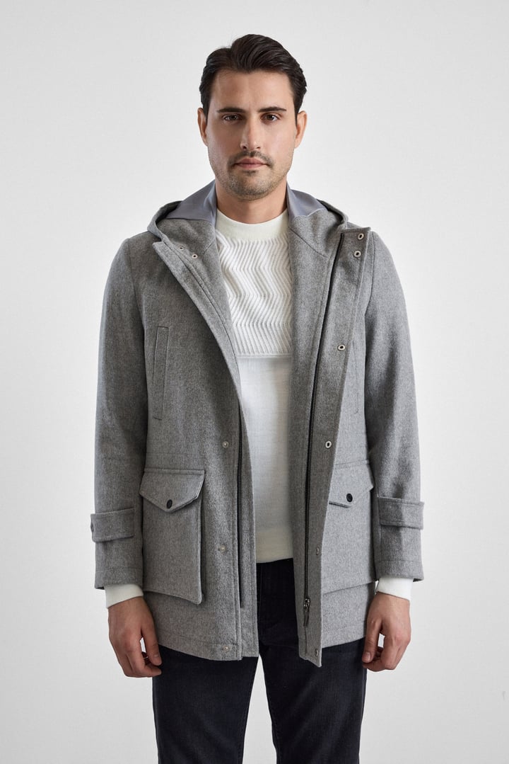 Gri Slim Kapüşonlu Düz Yan Cepli Fermuarlı Dolgusuz Standart Kaban