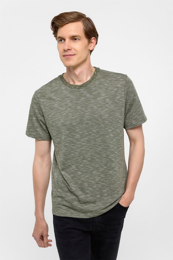 Haki Regular Armürlü Bisiklet Yaka Tişört