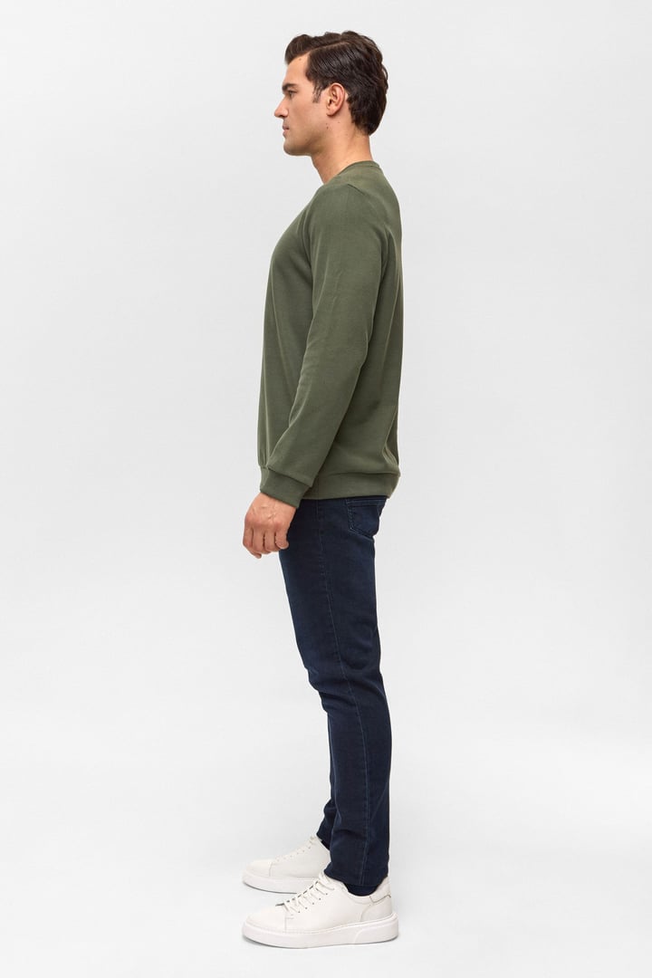 Haki Regular Düz Bisiklet Yaka Sweatshirt