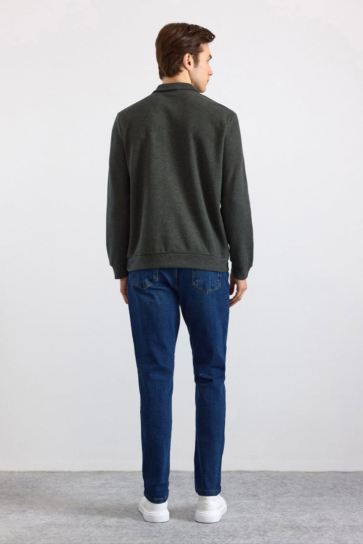 Haki Regular Düz Fermuarlı Polo Yaka Sweatshirt
