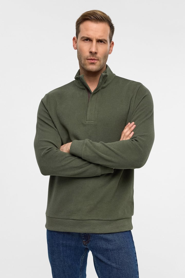 Haki Regular Düz Polo Yaka Sweatshirt