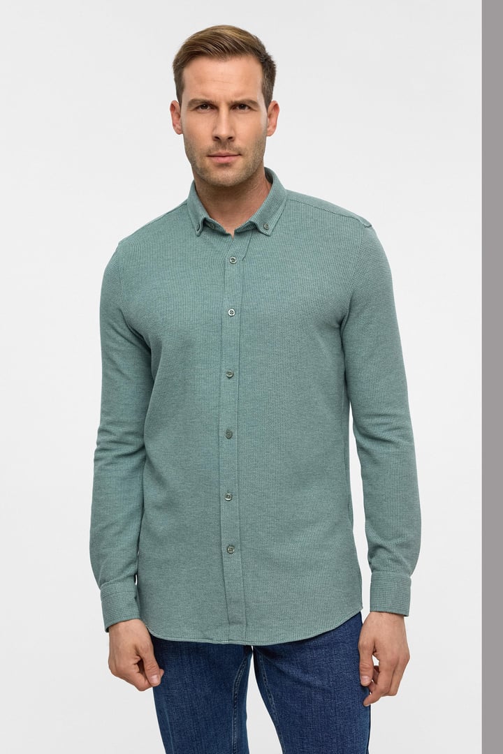 Haki Slim Armürlü Düğmeli Yaka Gömlek