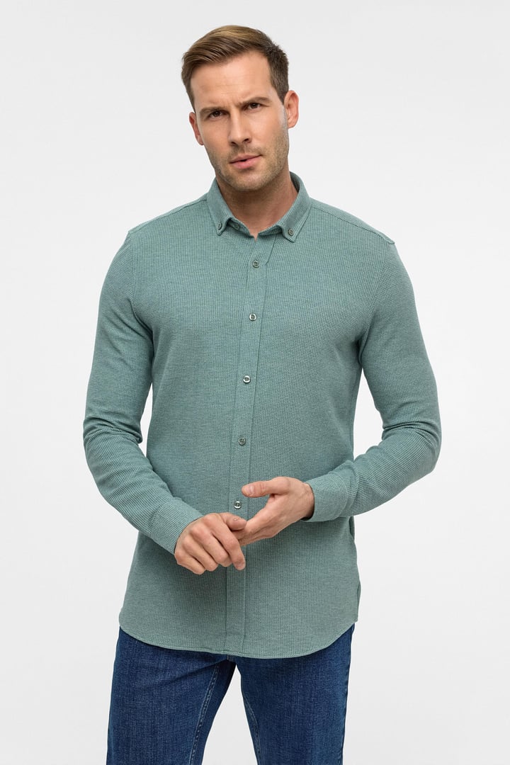 Haki Slim Armürlü Düğmeli Yaka Gömlek