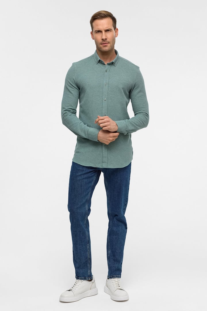 Haki Slim Armürlü Düğmeli Yaka Gömlek