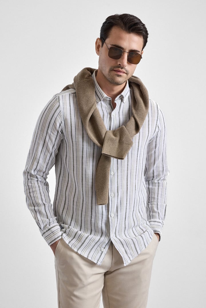Haki Slim Çizgili Düğmeli Yaka Casual Gömlek
