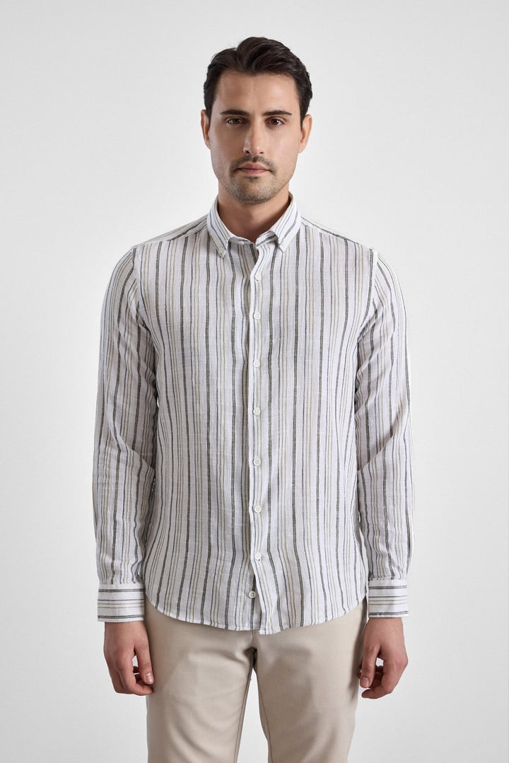 Haki Slim Çizgili Düğmeli Yaka Casual Gömlek