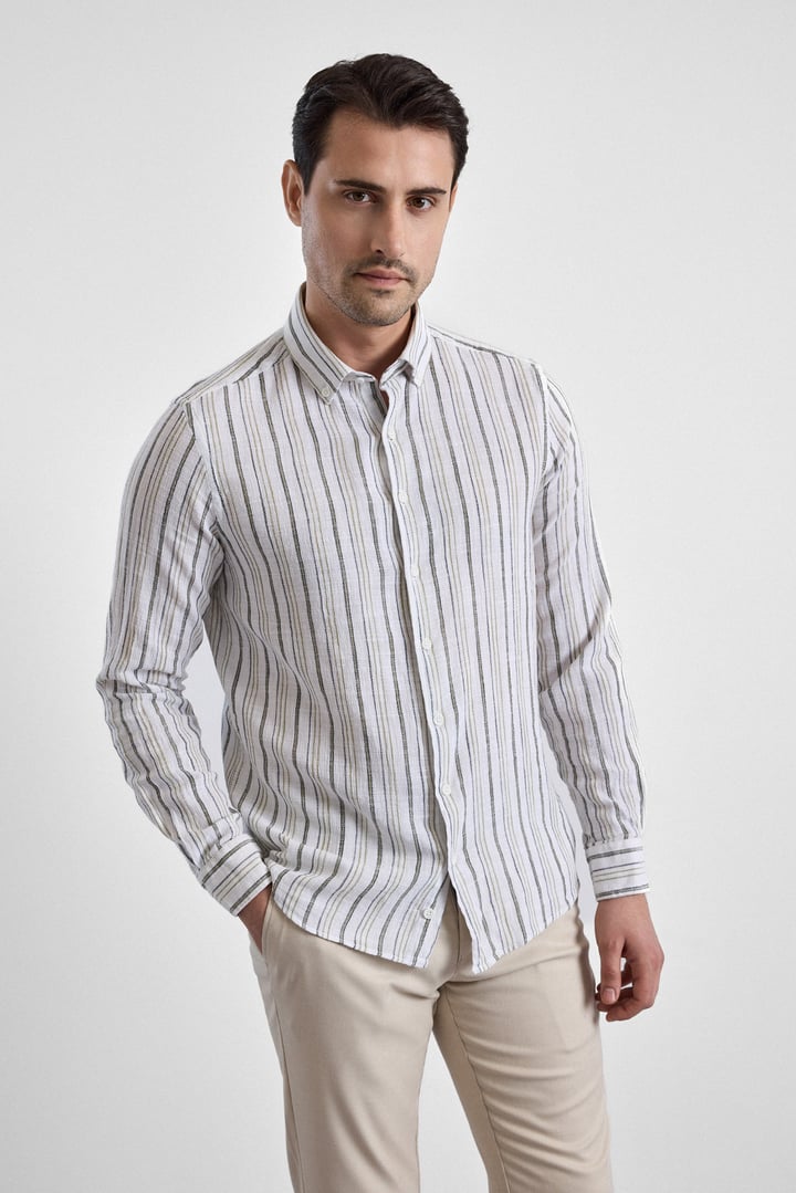 Haki Slim Çizgili Düğmeli Yaka Casual Gömlek
