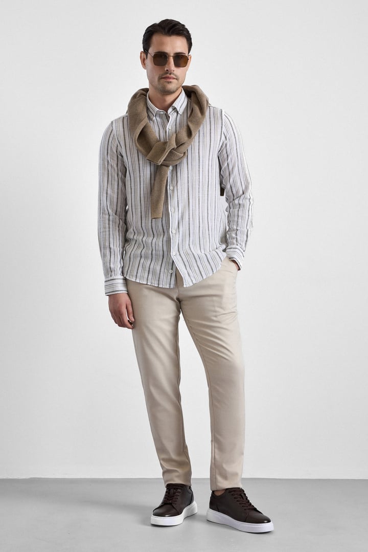 Haki Slim Çizgili Düğmeli Yaka Casual Gömlek