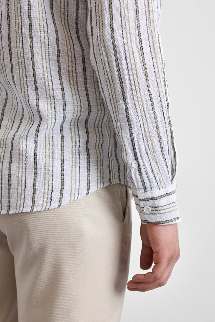 Haki Slim Çizgili Düğmeli Yaka Casual Gömlek