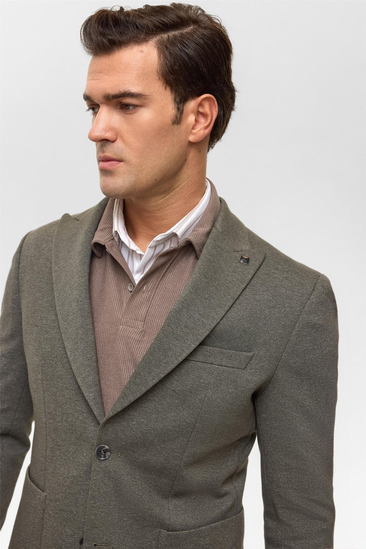 Haki Slim Desenli Mono Yaka 6 Drop Ceket