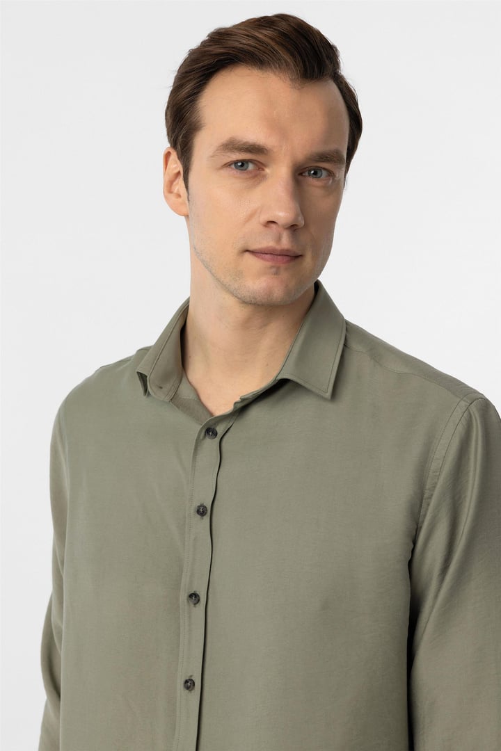 Haki Slim Fit Düz Klasik Yaka Gömlek