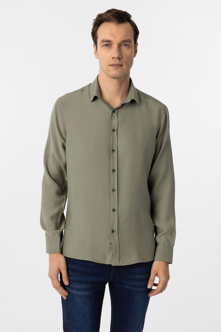 Haki Slim Fit Düz Klasik Yaka Gömlek