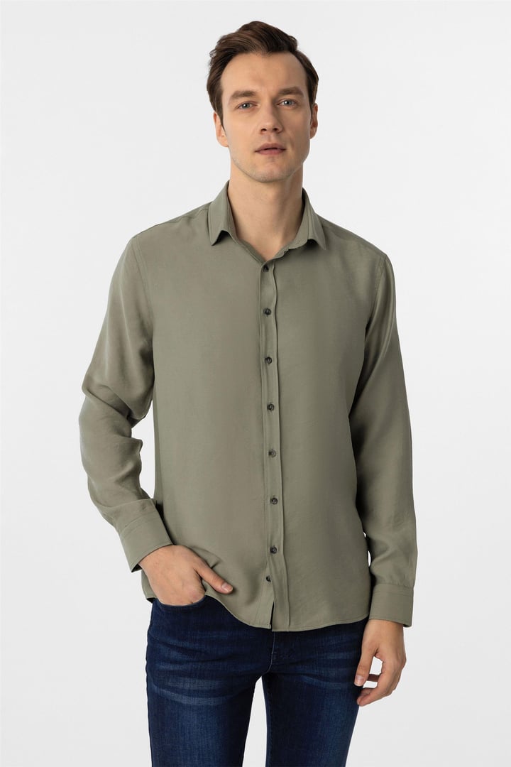 Haki Slim Fit Düz Klasik Yaka Gömlek