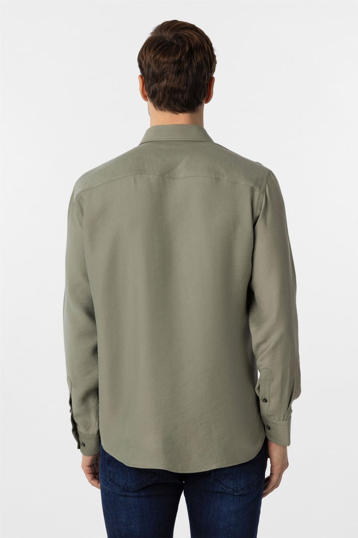 Haki Slim Fit Düz Klasik Yaka Gömlek