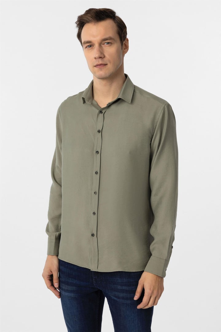 Haki Slim Fit Düz Klasik Yaka Gömlek