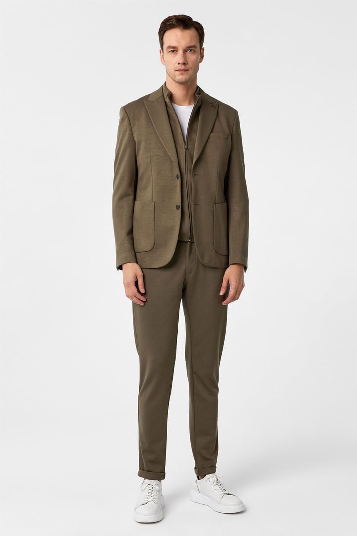 Haki Slim Fit Düz Sivri Yaka 6 Drop Spor Takım Elbise