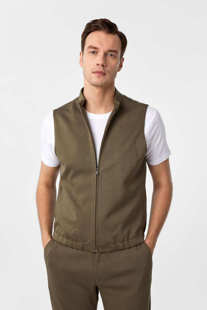 Haki Slim Fit Düz Sivri Yaka 6 Drop Spor Takım Elbise