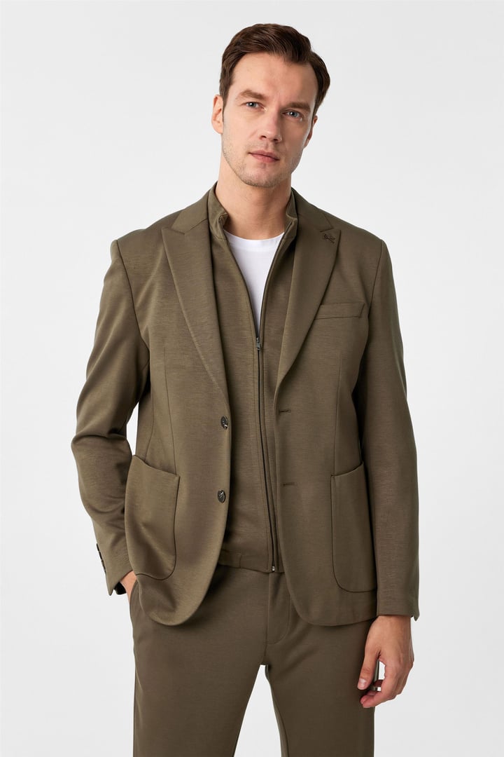 Haki Slim Fit Düz Sivri Yaka 6 Drop Spor Takım Elbise