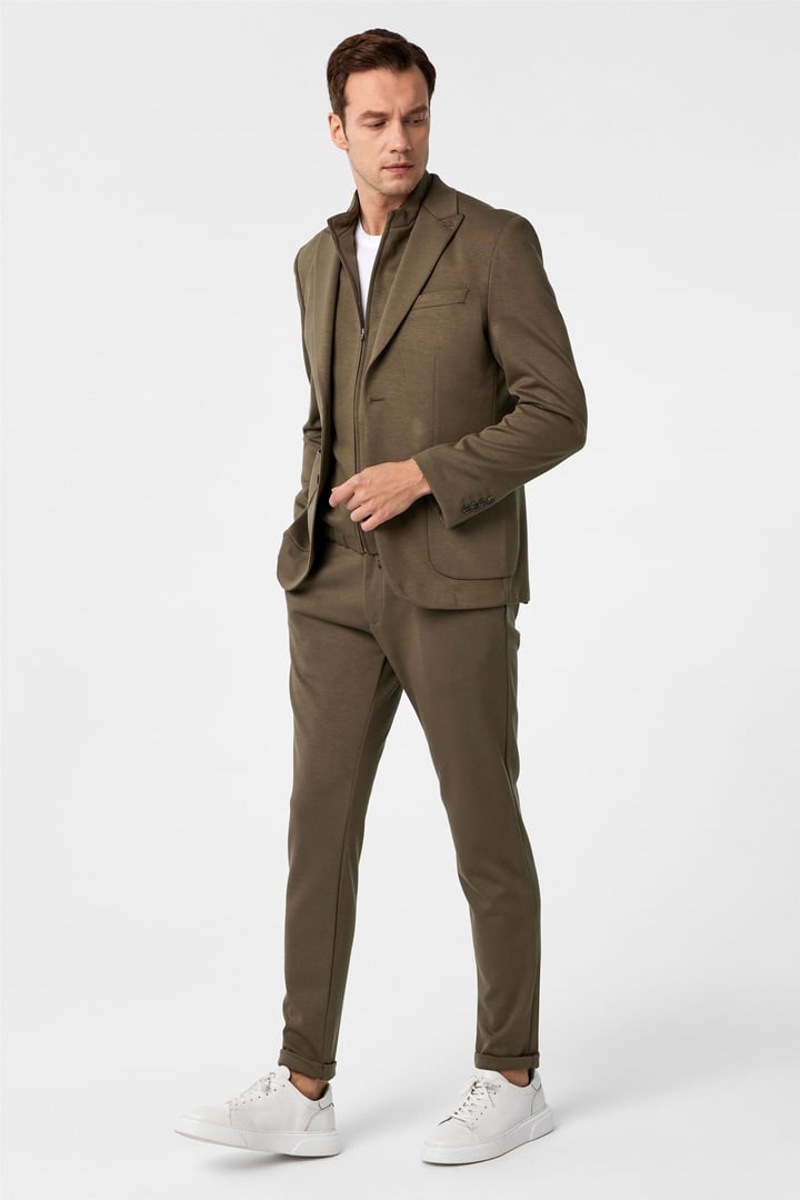 Haki Slim Fit Düz Sivri Yaka 6 Drop Spor Takım Elbise