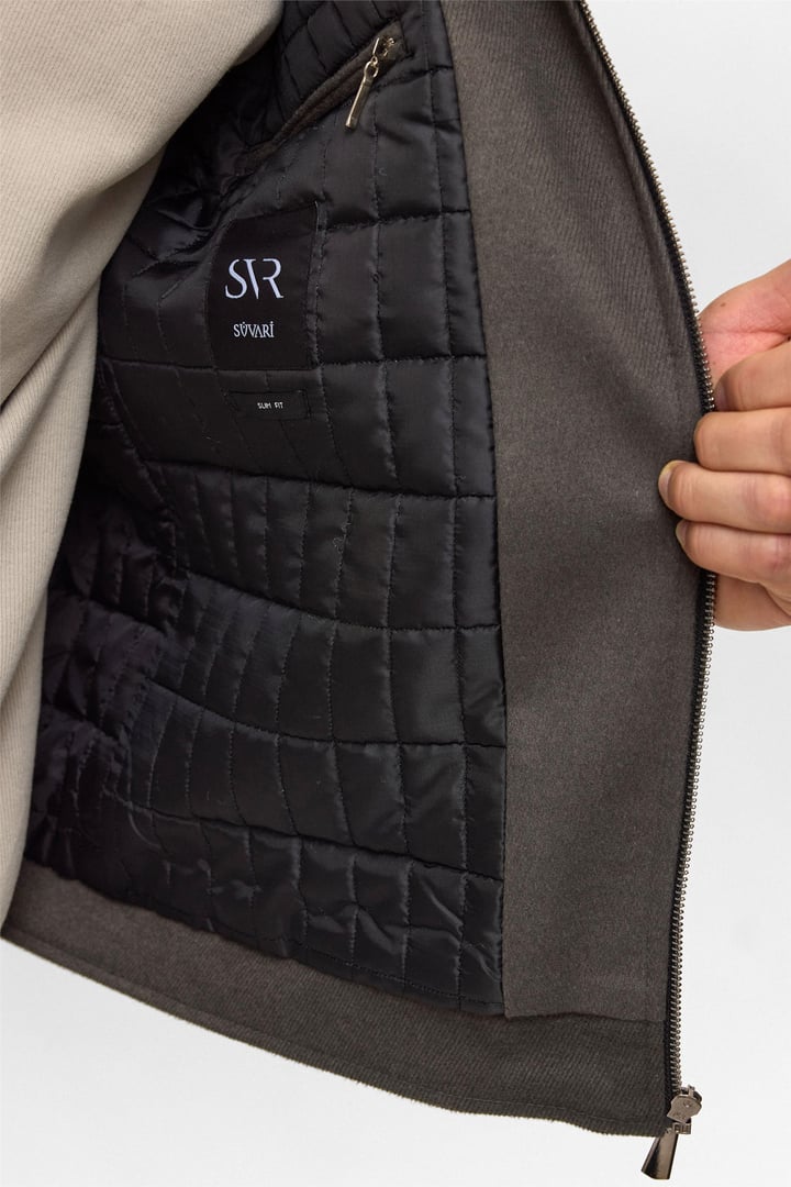 Haki Slim Düz Sivri Yaka Mont