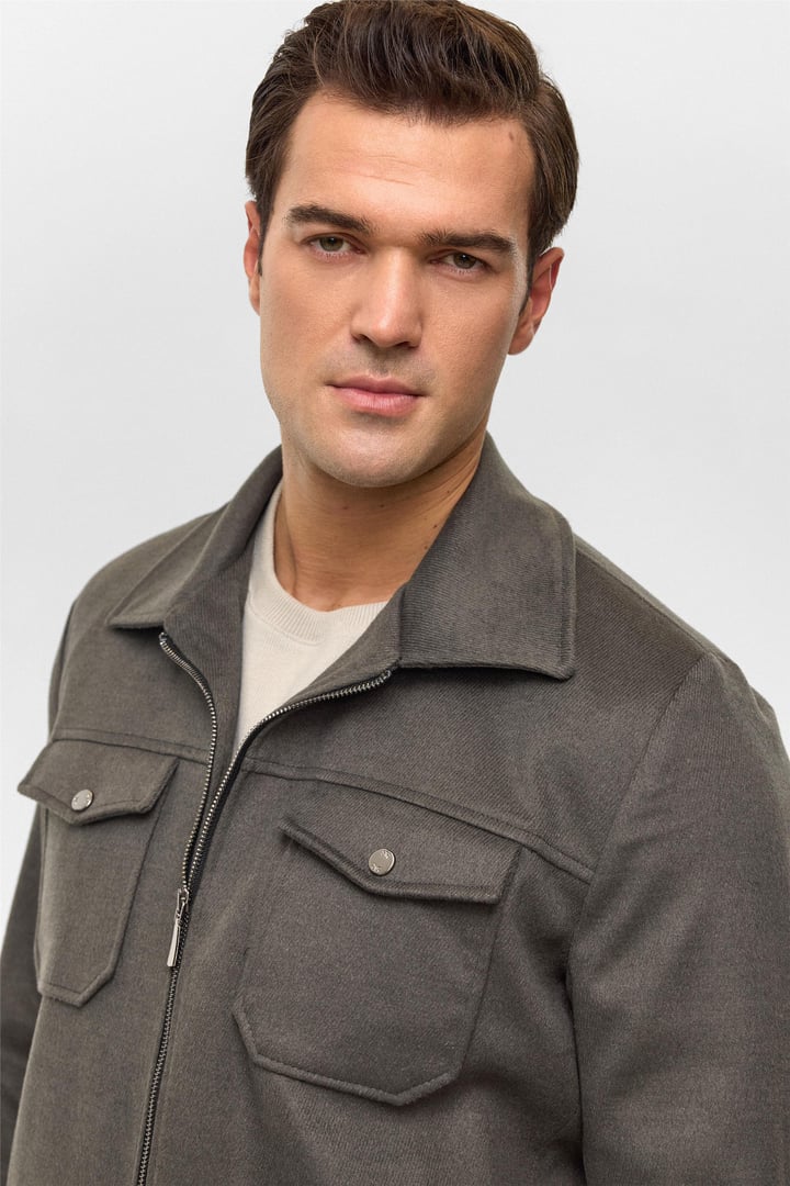 Haki Slim Düz Sivri Yaka Mont