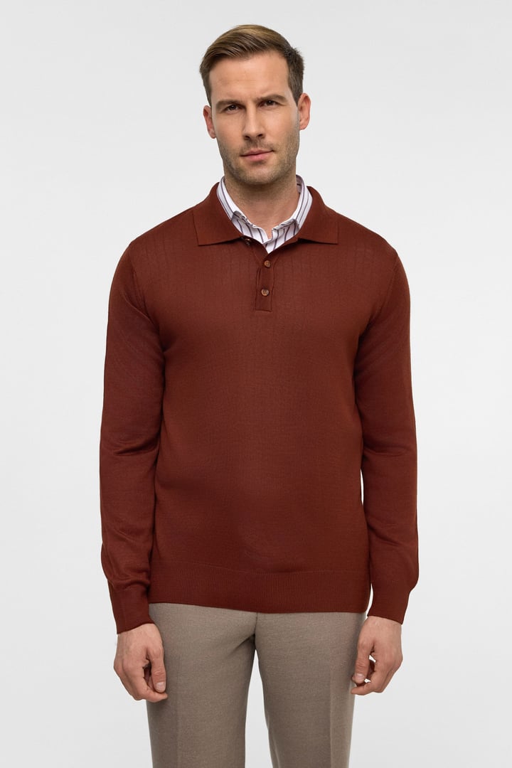 Kiremit Regular Düz Polo Yaka Triko