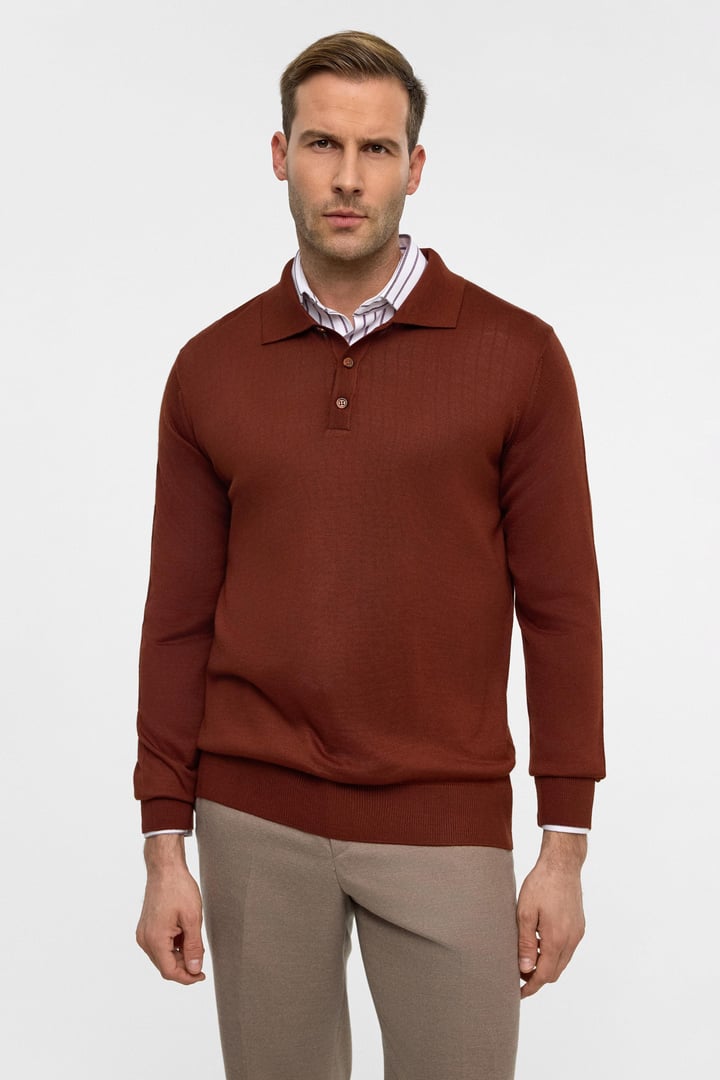 Kiremit Regular Düz Polo Yaka Triko