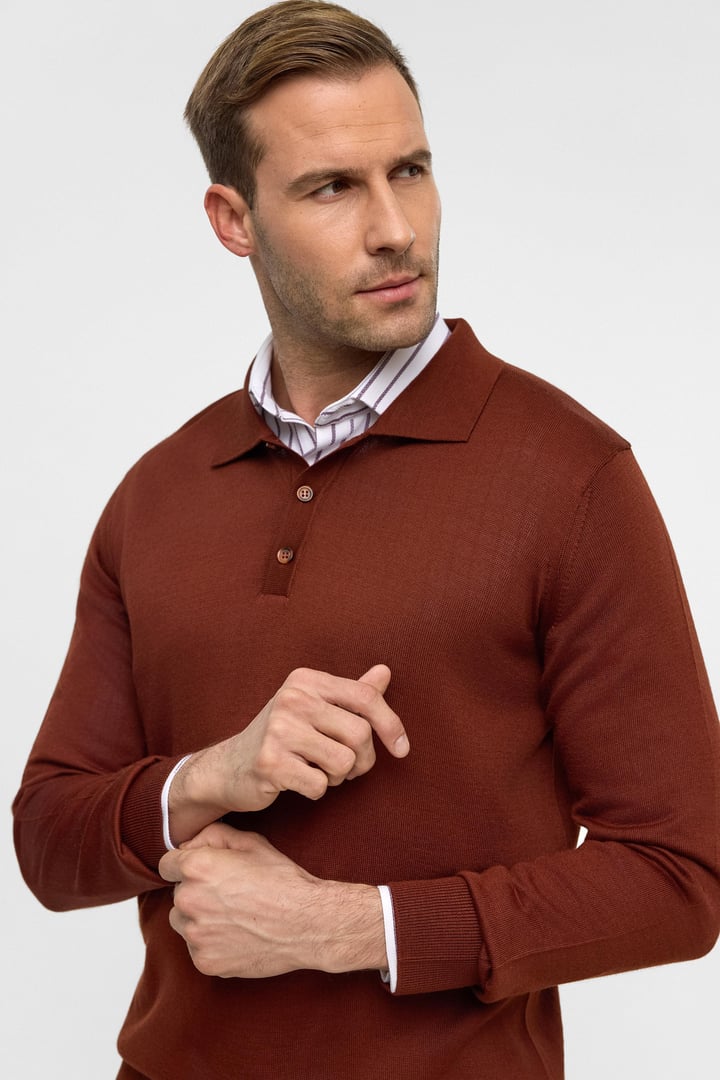 Kiremit Regular Düz Polo Yaka Triko