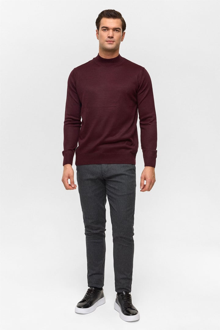 Koyu Bordo Regular Düz Yarım Balıkçı Yaka Triko Kazak